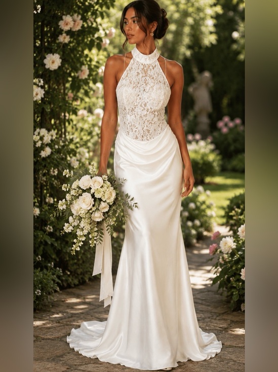 Elliatt Dresses & Skirts - ELLIATT Elegant White Lace Halter Satin Wedding Dress -size S NWT